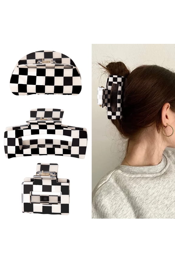 3pcs Vintage Checkered Hair Claw Clips for Women, Aesthetic Hair Clips Barrettes for Women and Girls