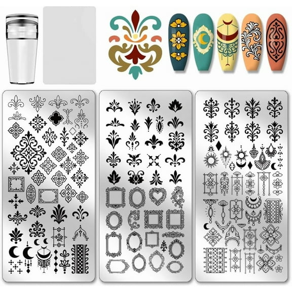 3pcs Vintage Decorative Pattern Nail Stamp Plate Vintage Picture Frame Flower Print Art Template Stainless Steel Nail Image Plate Set for Women DIY Printing Decor 4.7x2.3 inch