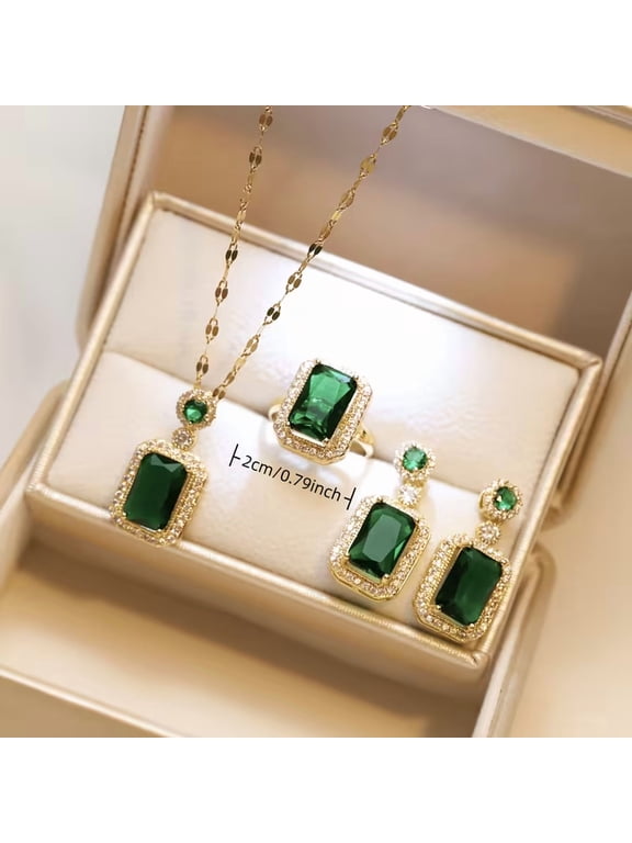 3pcs Vintage Emerald Green Cubic Zirconia Jewelry Set for Women, Elegant Square Pendant Necklace, Earrings & Ring Kit, Formal Party & Wedding Accessory Gift