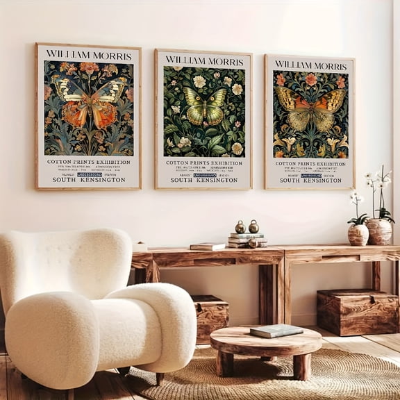 3pcs Vintage Exhibition Butterfly Art Posters - Frameless Canvas Prints, South Kensington Collection, Elegant Wall Decor for Living Room & Home Office, Botanical Illustrations with Detailed Butterfl