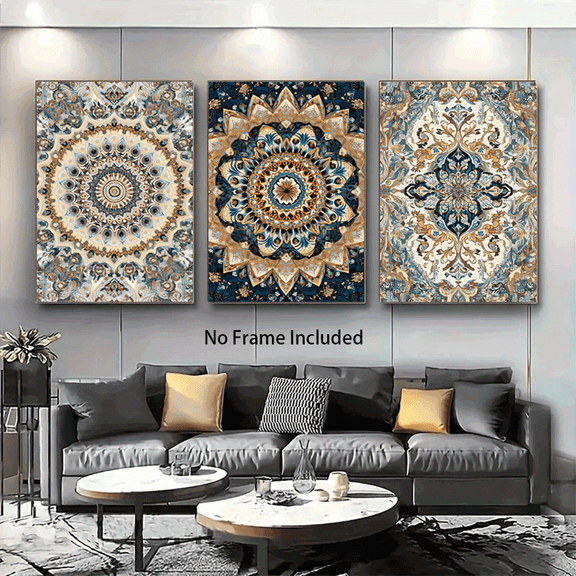 3pcs Vintage Floral Mandala Canvas Wall Art Set, Unframed Decorative Prints in Rich Blue, Beige, and Brown Tones - for Living Room, Bedroom, Home, Hotel, Cafe, Office, Room Decor