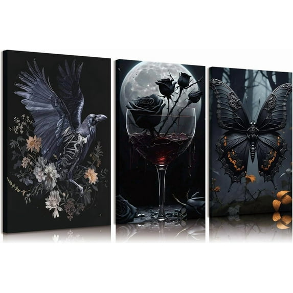 3pcs Vintage Gothic Canvas Wall Art Dark Academia Posters Prints Paintings Spooky Dark Rose Crow and butterfly Pictures Wall Decor for Bedroom Living Room Artwork Home Decoration