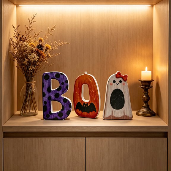 3pcs Vintage Halloween Wooden Tabletop Sign Set, Spooky Ghost Letter Pattern Tiered Tray Decor, Fall Table Centerpiece Ornament for Home Kitchen Shelf Halloween Party Holiday Decoration, E