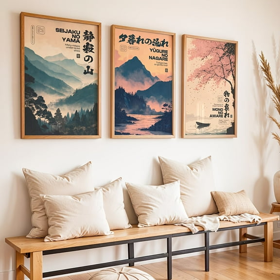 3pcs Vintage Japanese Landscape Canvas Poster Set - Minimalist Japandi Style Zen Wall Decor with Seijaku, Yugure, Mono no Aware - Soft Pastel Colors (Beige, Brown, Pink, Green, Blue) - Indoor/ Use f