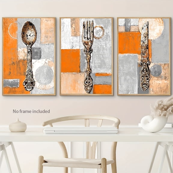 3pcs Vintage Kitchen Utensil Canvas Art Set - Rustic Orange & Gray, Fork, Knife & Spoon Designs with Geometric Shapes - 15.7x23.6" Frameless Wall Decor for Dining Room, Living Room, Office - Classic