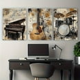 thumbnail image 1 of 3pcs Vintage Musical Instruments Canvas Wall Art Set - Rustic Guitar, Piano, Drums Triptych, Frameless & Reusable Rectangular Posters with Warm Earth Tones for Modern Home Office, Living Room, Bedro, 1 of 4