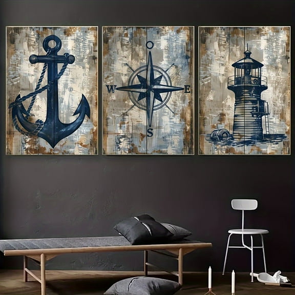 3pcs Vintage Nautical Lighthouse Anchor Canvas Posters - Unframed Wall Art for Home, Office, Living Room, Cafe, Bar - Coastal Decor with Compass & Anchor Design, Nautical Decor