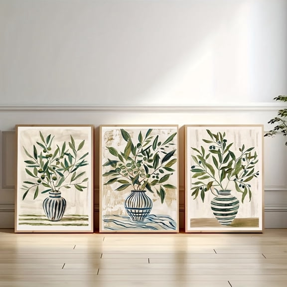 3pcs Vintage Olive Branch Vase Canvas Art Prints - Unframed Retro Botanical Wall Decor for Living Room, Bedroom, Hallway, Kitchen | Modern Home Accent with Green Foliage in Striped Vases