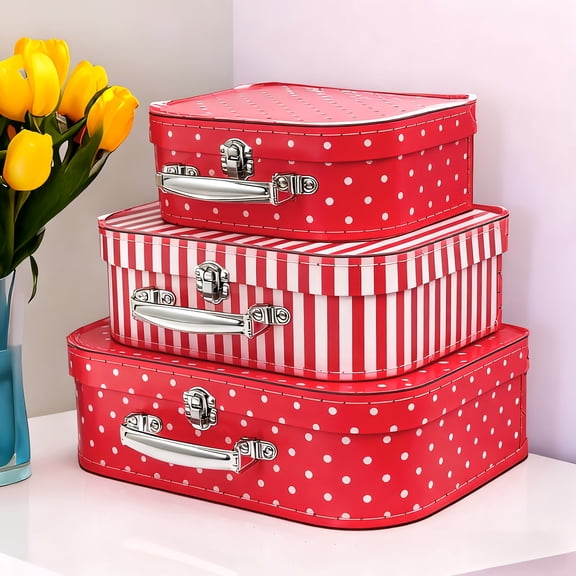 3pcs Vintage Polka Dot Cardboard Suitcase Set with Lid Decorative Storage Box for Souvenir Display Toy Accessory Wedding Valentine Christmas Thanksgiving Gift