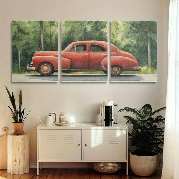 3pcs Vintage Red Classic Car Watercolor Canvas Art Prints - Frameless, Retro Fleetline Automobile Wall Decor for Living Room & Bathroom, Classic American Culture Canvas Painting, Car Deco