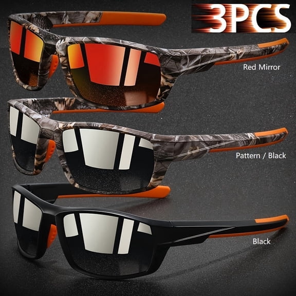 3pcs Vintage Sport Fashion Glasses for Men & Women - Camouflage Frame, Orange/Blue Lenses, Full-Rim - Sports Eyewear for,, Accessories, Sporty Design, Sturdy Construction, Adventure Seekers