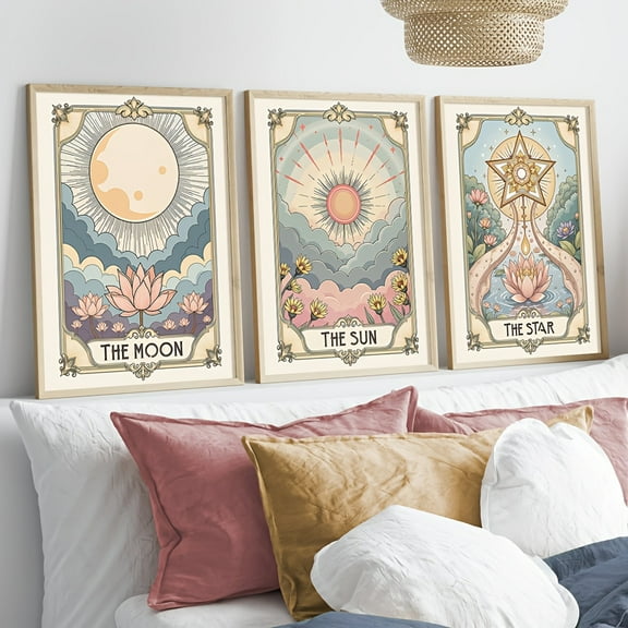 3pcs Vintage Tarot Art Print Set, Sun Moon Star Celestial Wall Decor, Bohemian Style Frameless Astrology Canvas Posters, Retro Plant Floral Paintings, Home Decoration for Witchcraft Enthusiasts, Liv