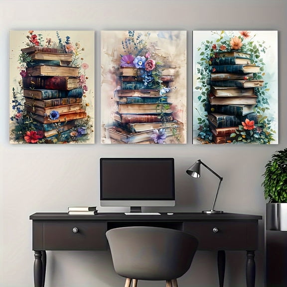 3pcs Vintage Watercolor Floral Book Stack Canvas Art Prints - Unframed Abstract Wall Posters with White Border, Fade-Resistant Giclee Printing for Living Room, Bedroom, Home Office Decor, Bookish De