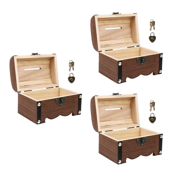3pcs Vintage Wood Treasure Storage Box Piggy Bank Organizer Saving Box Case with Lock Decorative Coin Bank