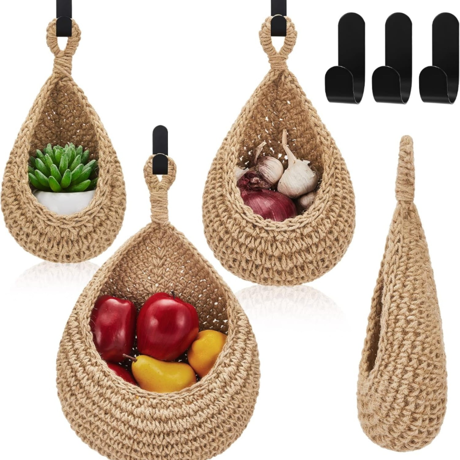 3pcs Wall Hanging Basket, Bohemian Style Woven Basket, Creative Teardrop Shape Suitable For Vegetables And Fruits, Kitchen Storage Basket