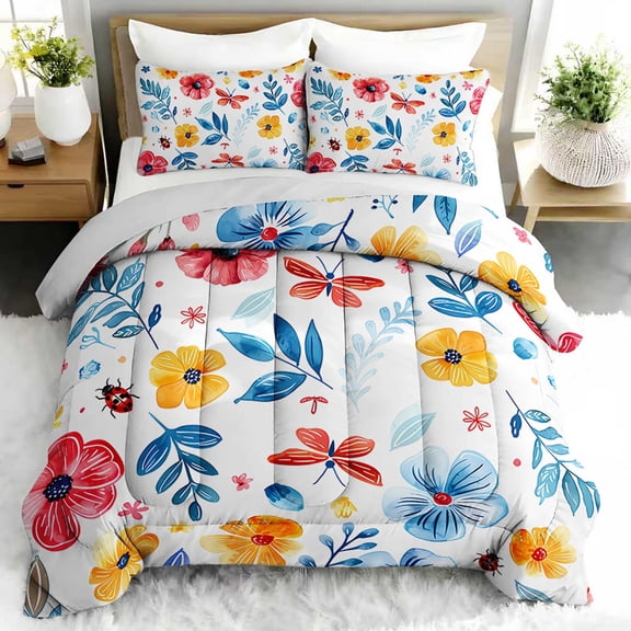 3pcs Watercolor Floral Comforter Set, Vibrant Summer Bedding Set for Bedroom or Guest Room Decor, All Seasons Quilt Machine Washable Duvet with 2 Pillowcases