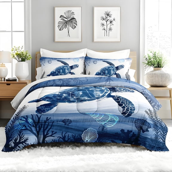 3pcs Watercolor Sea Turtle Comforter Set, Blue Ocean Bedding Set for Bedroom or Guest Room Decor, All Seasons Quilt Machine Washable Duvet with 2 Pillowcases