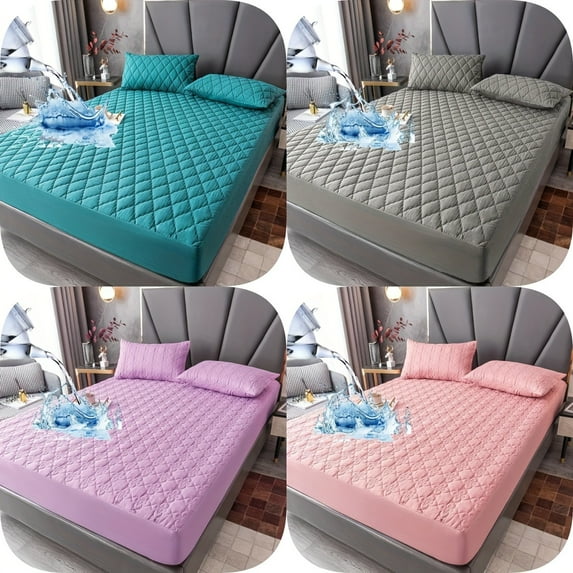 3pcs Waterproof Mattress Protector with Deep Pocket - 360° Embossed Design - Solid Color Bedding Set for Bedroom and Guest Room - 1 Fitted Sheet + 2 Pillowcases Included