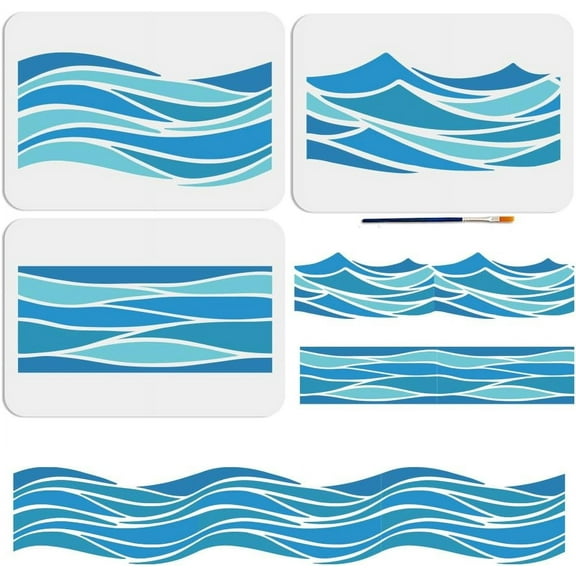 3pcs Waves Stencil Template 11.78.3inch Large Sea Ocean Wave Stencil with Paint Brush Reusable Summer Beach Wave Drawing Templates for Furniture Canvas Home Decor DIY Crafts for DIY