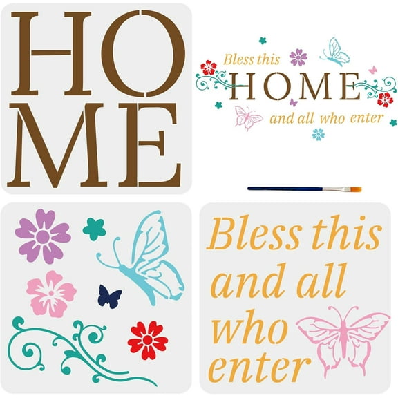 3pcs Welcome Words Stencils Home Sign Stencils Bless This Home and All who Enter Butterfly Flower Template Splicing Size 38.5×19.8inch with Paint Brush Room Front Door Wall Decor