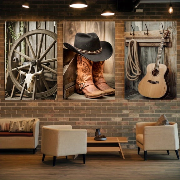 3pcs Western Cowboy Hat and Boots Wall Art Set - Vintage Style, Frameless Canvas Print for Home Office, Living Room, Bedroom Decor - Ideal Gift, Western Home Decor