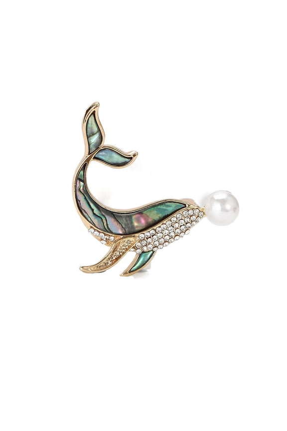 3pcs Whale Shell Pin Alloy Rhinestone Brooch for Backpack Clothes with Plastic Imitation Pearl Beads Golden 40x40mm