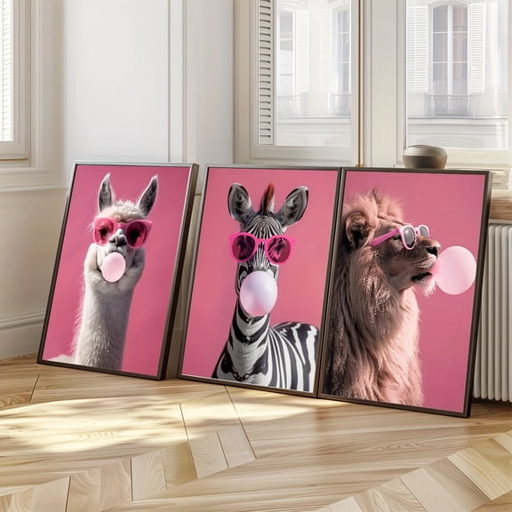 3pcs Whimsical Animal Art Prints - Lion, Zebra, Alpaca with Bubble Gum & Glasses - Vibrant Pink Background, Frameless Canvas, Modern Minimalist Wall Decor for Bedroom, Bathroom, Living Room, Indoor