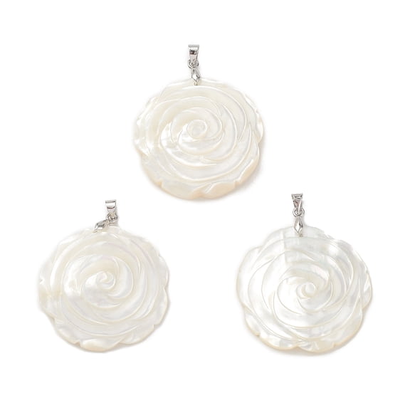 3pcs White Shell Pendants Flower Rose with Brass Snap on Bails Cadmium Free & Lead Free 35x5mm Hole: 4.5x3.5mm
