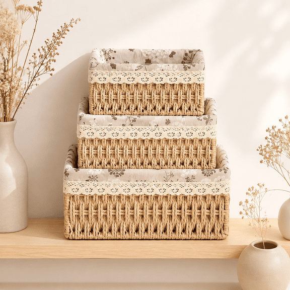 3pcs Wicker Storage Baskets Set, Rustic Hand-Woven Rattan Basket Set for Bathroom Shelf and Counter, Nesting Shelf Baskets for Organizing Toilet Paper, Towels, Toiletries, Decorative Bathroom Basket