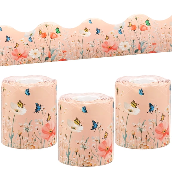 3pcs Wildflower Bulletin Border 65.6 ft Wildflower Scalloped Rolled Border Wild Flower Bulletin Board Borders Set for School Classroom Chalkboard Party Decor Pink