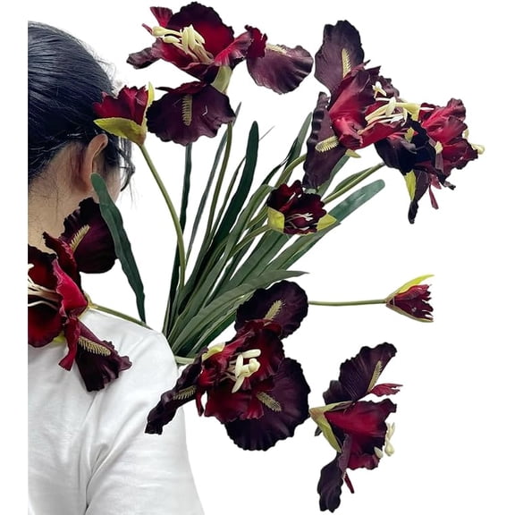 3pcs Wine Red Artificial Iris Flowers Silk Flower Heads,36" Tall Real Touch