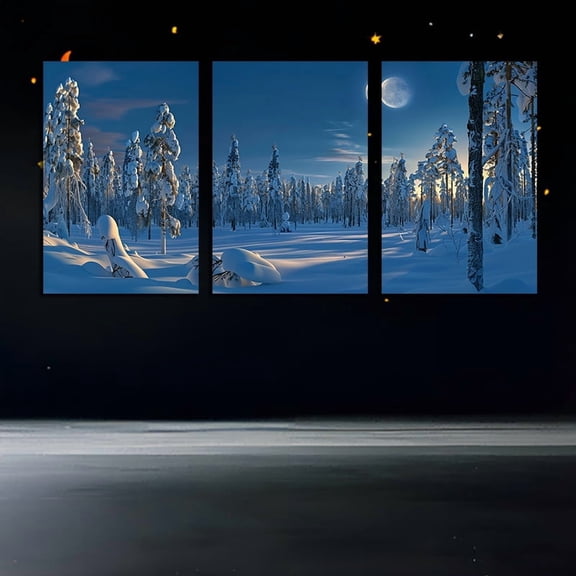 3pcs Winter Forest Triptych Canvas Wall Art Set - Frameless Large Horizontal Panoramic Snowy Landscape Painting, 12"x18" Each Panel, Modern Nordic Winter Scene with White & Blue Hues for Living Room