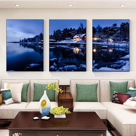 3pcs Winter Scandinavian Landscape Canvas Wall Art Set - Frameless Wrapped Triptych Paintings, Snowy Lake & Swedish/Finnish Village Scenes, Modern Triptych for Living Room, Bedroom, Office - Cool-To