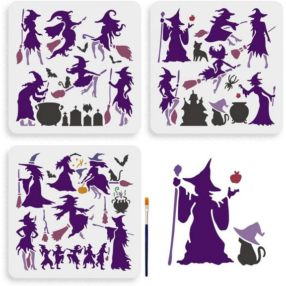 3pcs Witch Stencils 11.811.8inch Witch on a Broom Stencil Template with Paint Brush Tomb Bat Magic Theme Drawing Stencil