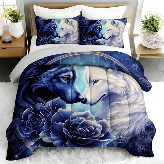 3pcs Wolf and Rose Comforter Set, Mystic Wolf Bedding Set for Bedroom or Guest Room Decor, All Seasons Quilt Machine Washable Duvet with 2 Pillowcases