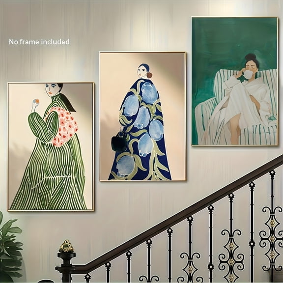 3pcs Women in Kimono Canvas Wall Art - Pop Art Inspired by Alex Katz, Chiho Aoshima Color Schemes Framed Vertical Hanging Decor for Living Room, Bedroom, Office, Bathroom Indoor Outdoor Home and Dor