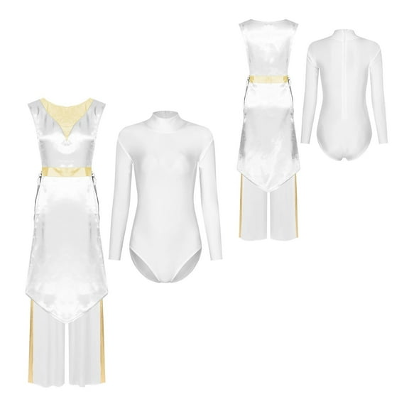 3pcs Women Liturgical Worship Dance Overlay Outfit Tunic Dress Leotard And Wide Leg Pants Set