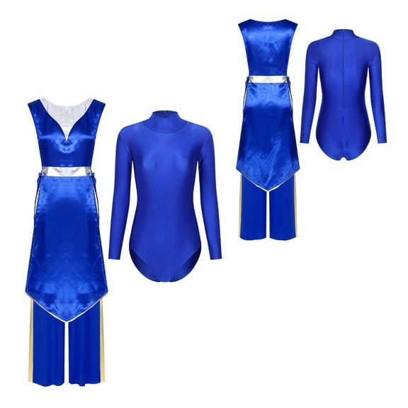 3pcs Women Liturgical Worship Dance Overlay Outfit Tunic Dress Leotard And Wide Leg Pants Set