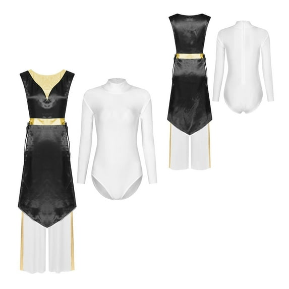 3pcs Women Liturgical Worship Dance Overlay Outfit Tunic Dress Leotard And Wide Leg Pants Set