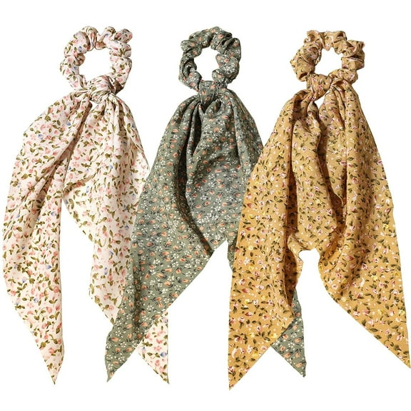 3pcs Women Ribbon Scrunchies Bow Knotted Classic Floral Pattern Hair Ties Vintage Bunny Ear Ponytail Holders Hair Accessories