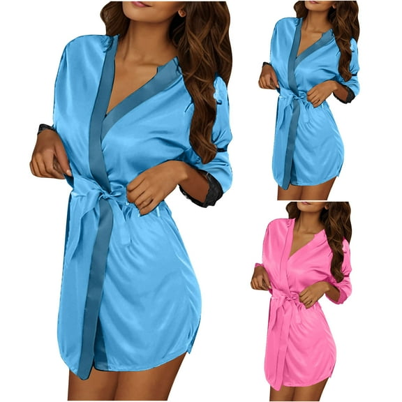 3pcs Women Satin Robe Silk Short Sleeve Kimono Robe Bathrobe Pajamas Sleepwear Loungewear Hot Pink Free Size