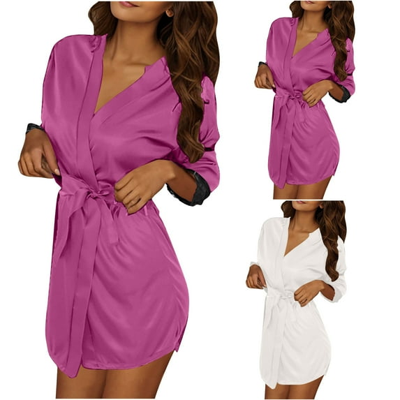 3pcs Women Satin Robes with Belt PJ Set Lightweight Sleepwear Half Sleeve Kimono Bathrobe White Free Size