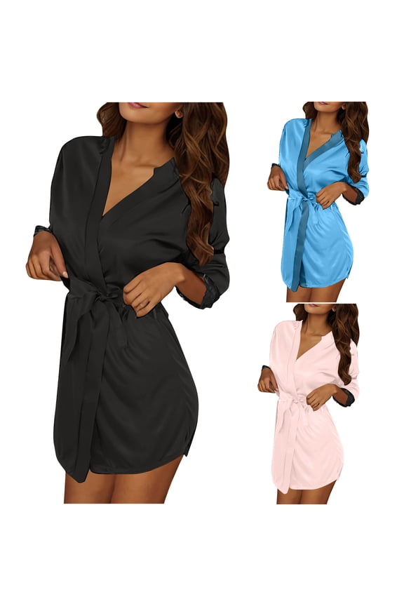 3pcs Women Satin Robes with Belt PJ Set Lightweight Sleepwear Half Sleeve Kimono Hooded Bathrobe Beige + Blue+ Black Free Size