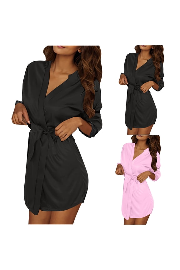 3pcs Women Silk Nightwear Satin Bath Robes Long Lightweight Knee Length Loungewear Kimono Style Towelling Bath Robes with Belt Soft Comfortable Loungewear Pink Free Size