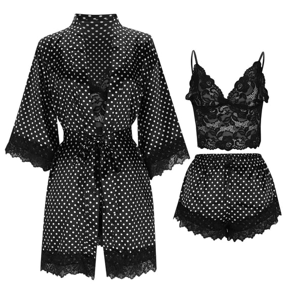 3pcs Women's Silk Satin Pajamas Sets Polka Dots Print Cami Crop Tops Sleepwear Shorts with Lace Trim Robes