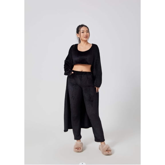 3pcs Womens Clothing Fashion Solid Fluffy Plain Crop Top  Skinny Pants  Longline Coat Set Warm Cozy Suit Sets