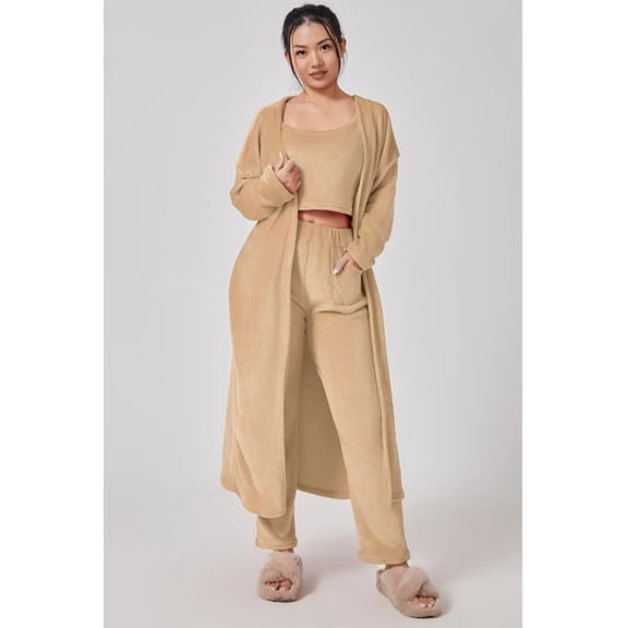 3pcs Womens Clothing Fashion Solid Fluffy Plain Crop Top  Skinny Pants  Longline Coat Set Warm Cozy Suit Sets