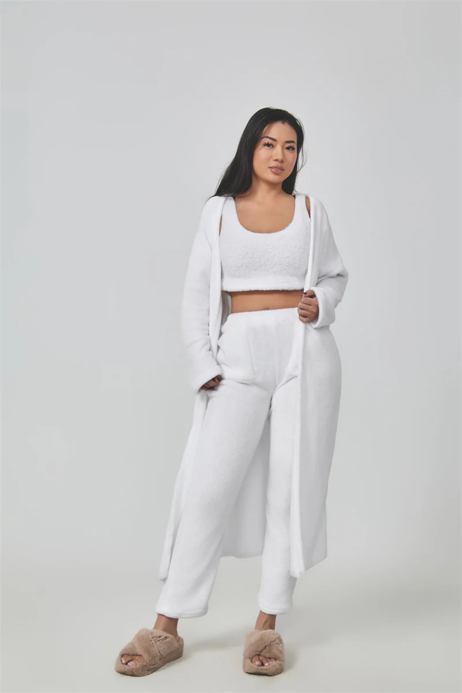 fluffy plain crop top & skinny pants & longline coat set