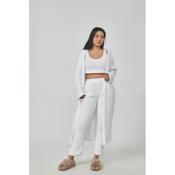 3pcs Womens Clothing Fashion Solid Fluffy Plain Crop Top Skinny Pants Longline Coat Set Warm Cozy Suit Sets