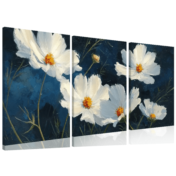 3pcs Wood Frame Canvas Print Decorative Painting, Vintage White Wildflowers Art, Oil Painting Style Botanical Floral Illustration, Spring Aesthetic Decoration, Home Room Decor Wall Art with Frame